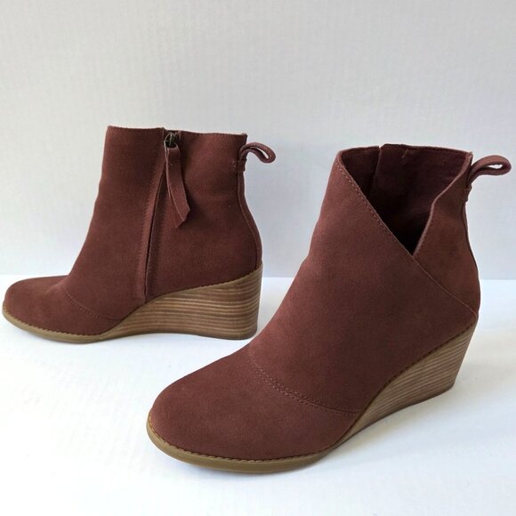Toms Boots Womens 9 Sutton Chestnut Brown Suede Wedge Comfort Ankle Booties - Picture 2 of 8